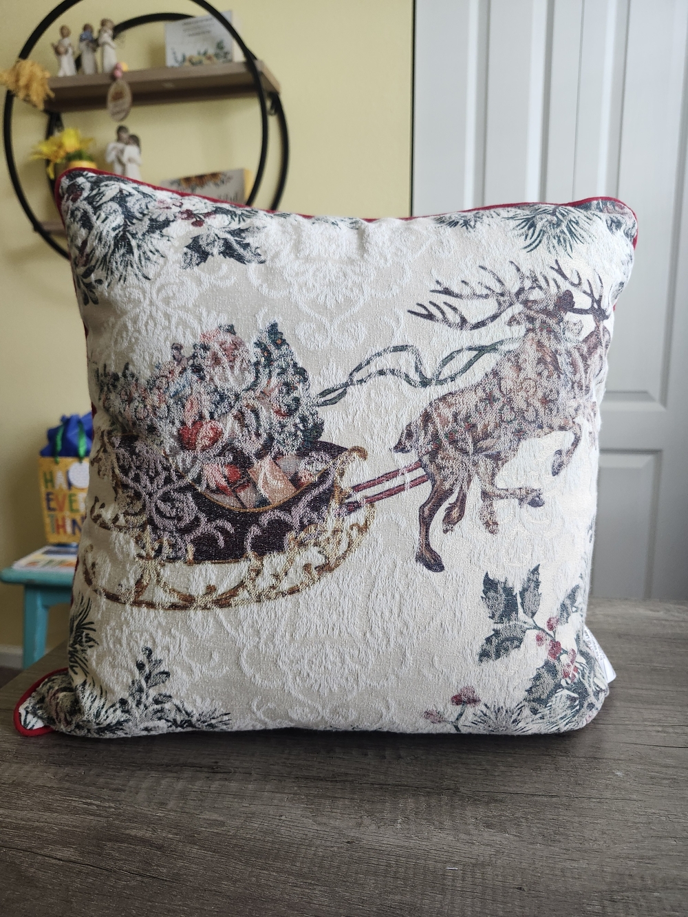 Holiday Reindeer & Sleigh Decorative Throw Pillow - White/Cream